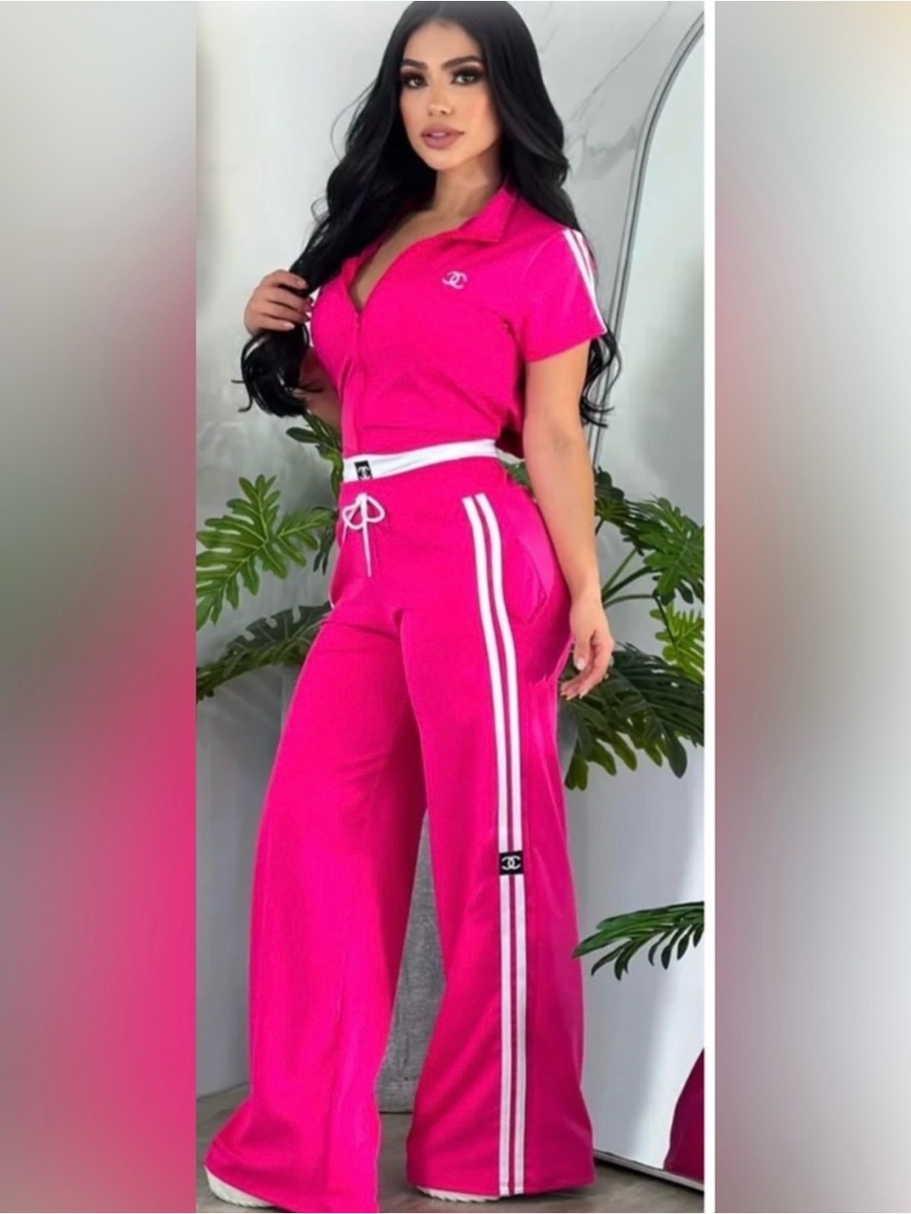 Hot Pink Wide-Leg Jumpsuit with White Sport Stripes
